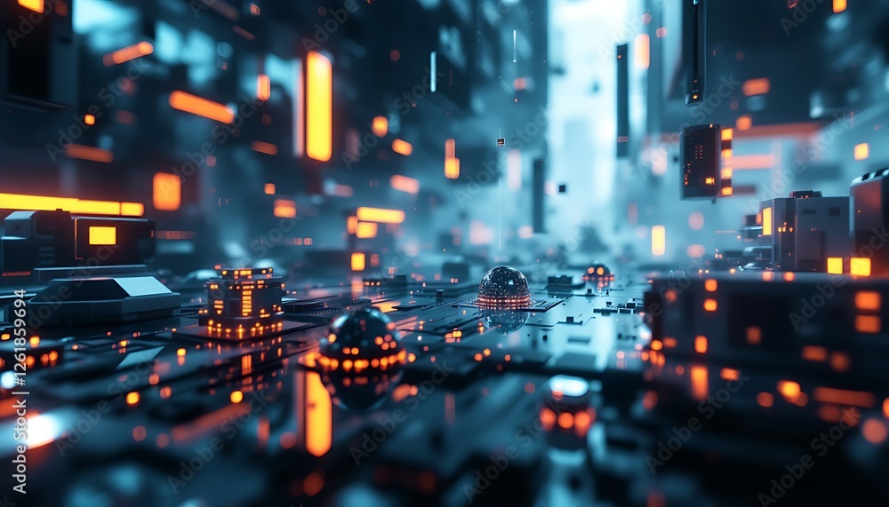 Fototapeta premium Futuristic city, glowing structures, digital landscape, tech background, sci-fi scene