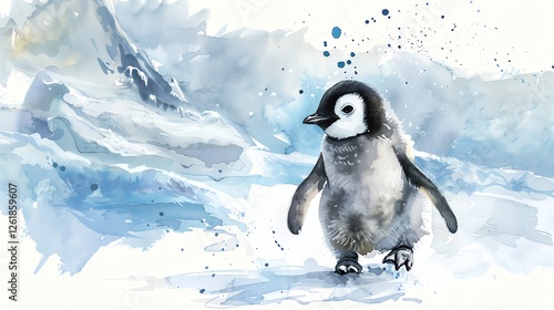 A watercolor painting of a penguin walking on ice.