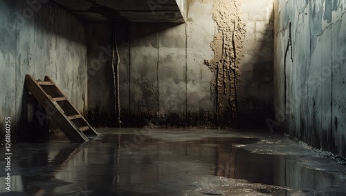 Wallpaper Mural Flooded basement interior with cracked wall and wooden stairs Torontodigital.ca