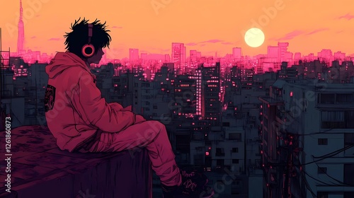 An anime-style rooftop night scene, a chill teenager sitting on the edge, headphones on, watching the neon-lit city below, cyberpunk meets lofi vibes 