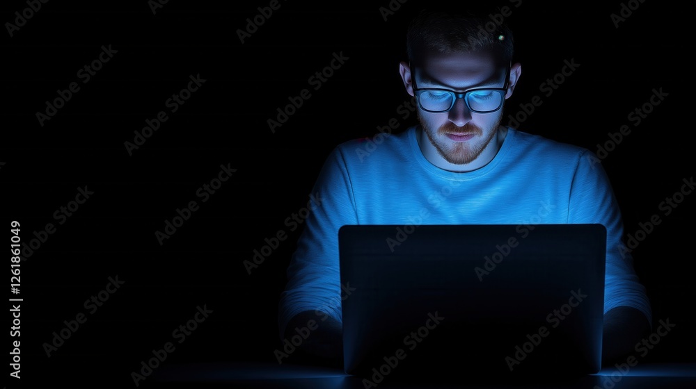 A focused individual works intently on a laptop in a dimly lit setting, illuminated by the screen A focused individual works intently on a laptop in a dimly lit setting, illuminated by the screen