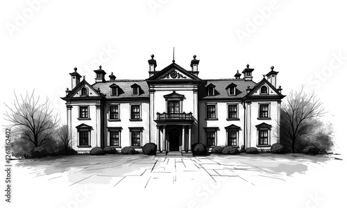 Detailed Black and White Architectural Illustration of Classical Manor House with Symmetrical Design and Winter Trees in Formal Style
