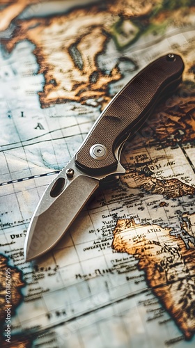 30. A small, pocket-sized folding knife resting on a world map in a travel setting photo