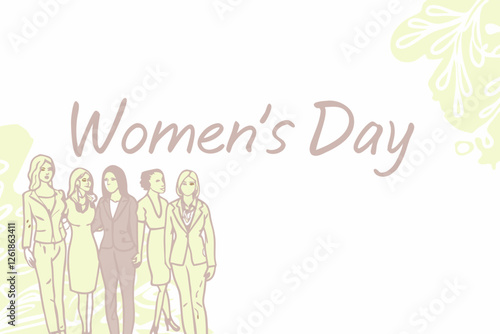 International Women's Day. Vector illustration of diverse cartoon women standing together and holding a placard over their heads. Isolated on background.