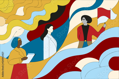 International Women's Day. Vector illustration of diverse cartoon women standing together and holding a placard over their heads. Isolated on background.