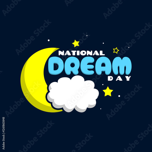 National Dream Day to celebrate on March 11th. Crescent moon with clouds and stars on dark blue background.