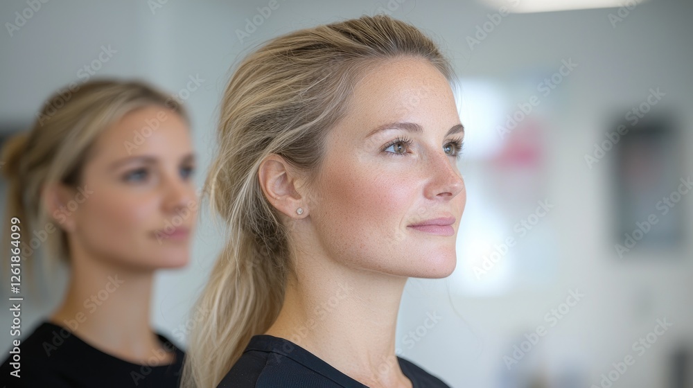 Two women looking ahead, office background, teamwork Two women looking ahead, office background, teamwork