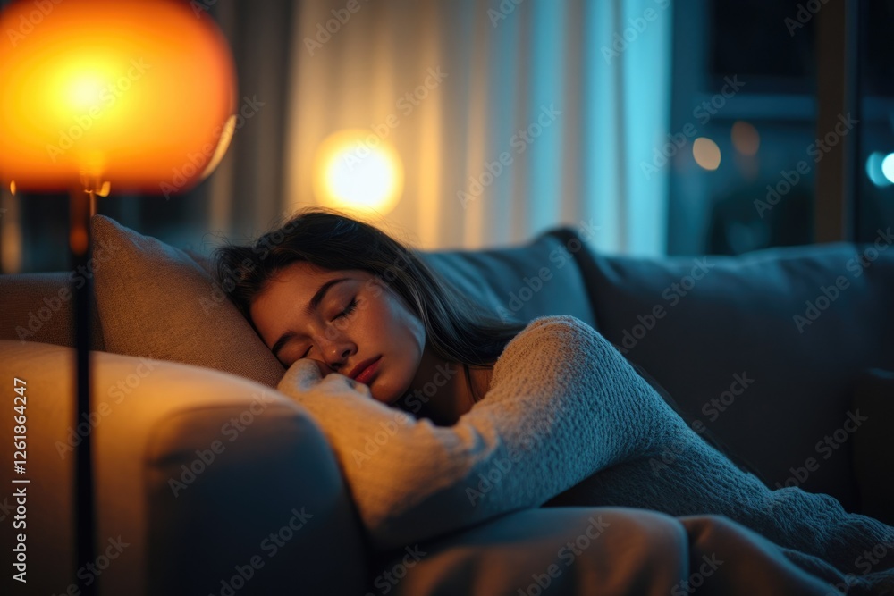 Fototapeta premium Young woman peacefully sleeping on a couch at night, illuminated by warm lamplight.