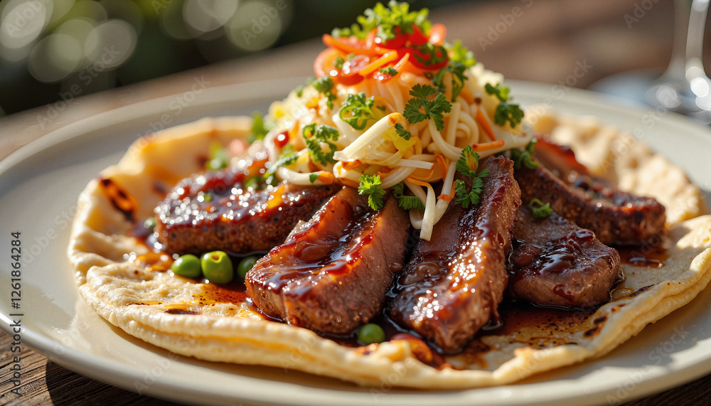 Savory lamb gyro topped with vibrant herbs, outdoor dining experience Savory lamb gyro topped with vibrant herbs, outdoor dining experience