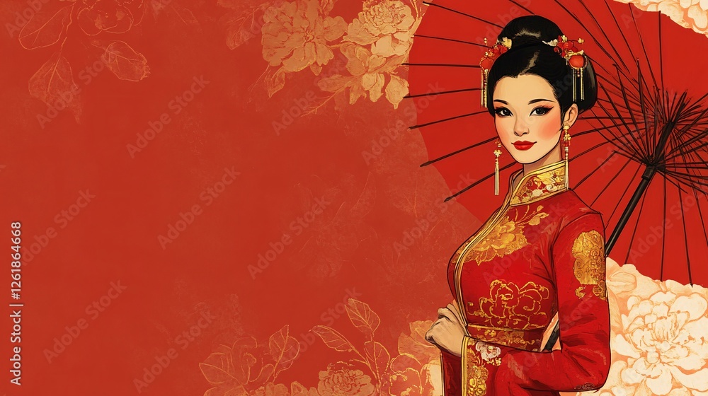 Fototapeta premium A cartoon woman in a Manchu-style qipao, elegantly holding a traditional umbrella.