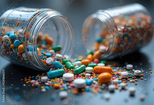 Pills, Capsules, and Sprinkles Spill from Jars - Colorful Medicine and Candy Mix Stock Photo
