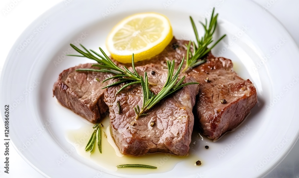 Top a plate of freshly cooked meat with rosemary leaves and sprinkle with a little lemon juice. Generative AI Top a plate of freshly cooked meat with rosemary leaves and sprinkle with a little lemon juice. Generative AI