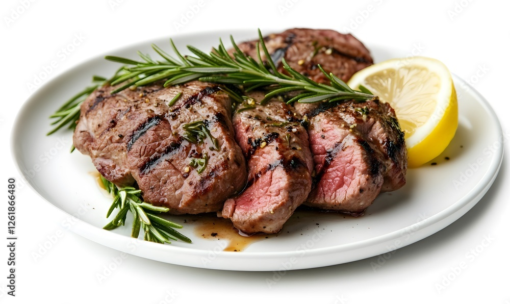Top a plate of freshly cooked meat with rosemary leaves and sprinkle with a little lemon juice. Generative AI Top a plate of freshly cooked meat with rosemary leaves and sprinkle with a little lemon juice. Generative AI