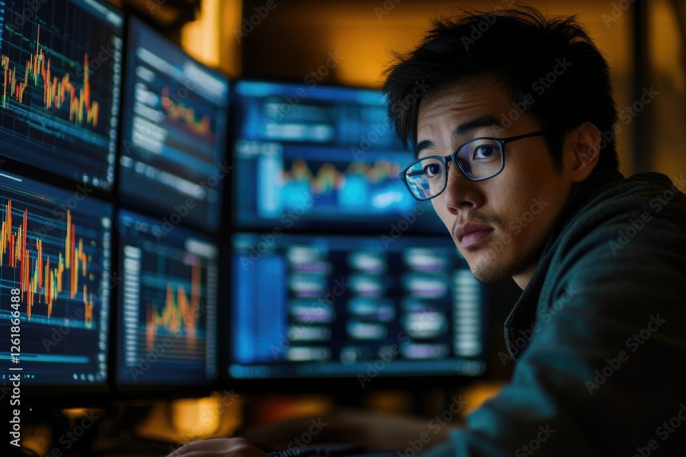 A focused young man monitors stock market data on multiple screens, intensely analyzing financial trends and making strategic decisions. A focused young man monitors stock market data on multiple screens, intensely analyzing financial trends and making strategic decisions.
