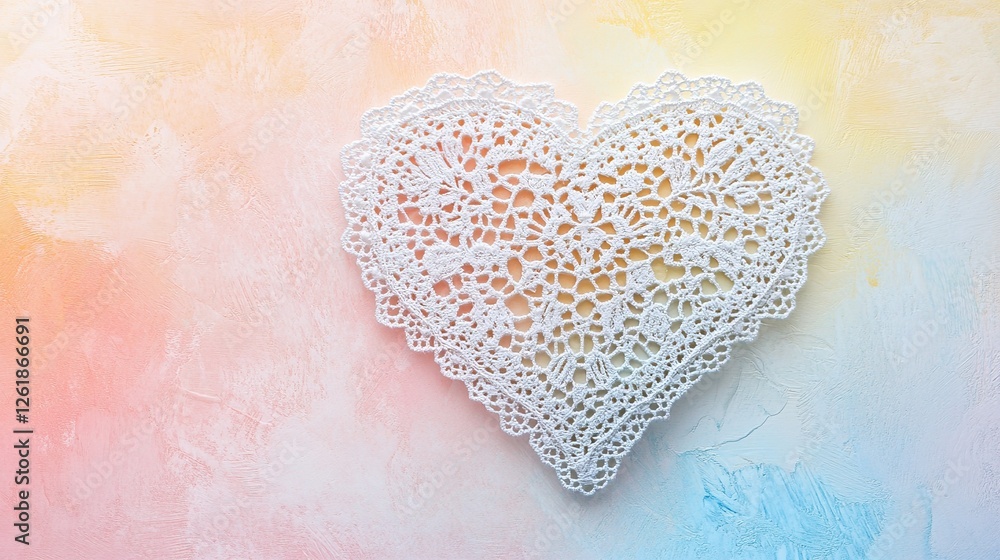 Fototapeta premium A delicate heart-shaped lace pattern on a pastel background.