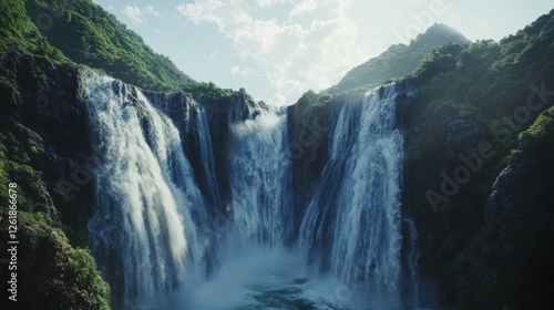 Majestic waterfall cascades down lush green mountains
