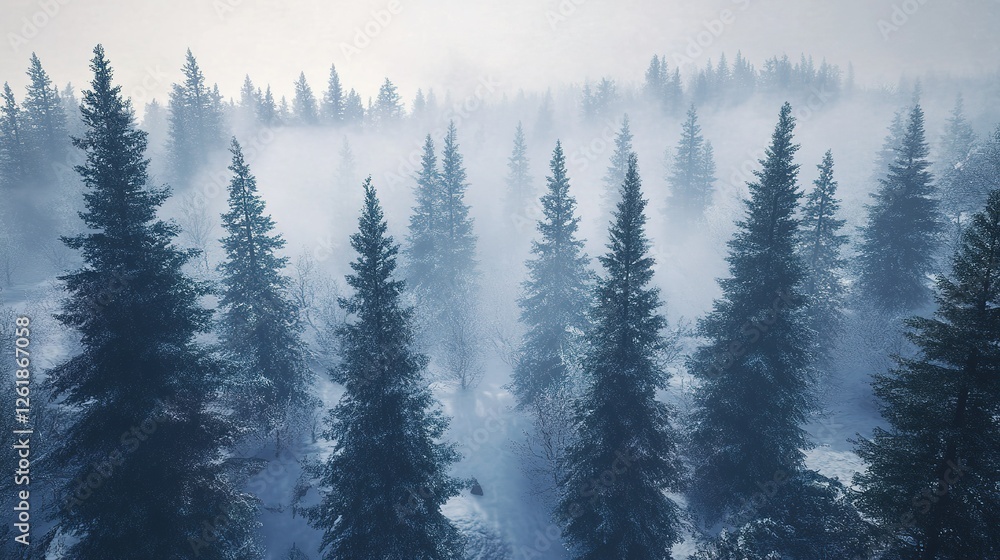 Obraz premium Misty Winter Forest Aerial View of Evergreen Trees