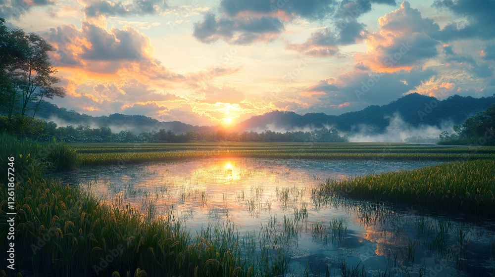 Obraz premium Calm water reflects the sunrise over a lush landscape