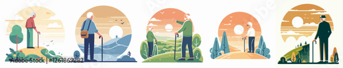 Vector illustration of a grandfather using a cane while enjoying a scenic view from a hilltop with a flat, simple, minimalist style on a plain white background.