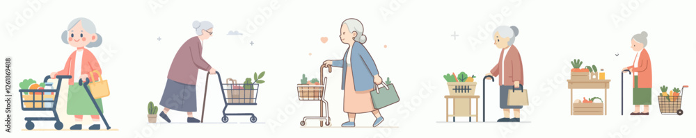 Vector illustration of a grandmother using a cane while shopping at a local market with a flat, simple, minimalist style on a plain white background. Vector illustration of a grandmother using a cane while shopping at a local market with a flat, simple, minimalist style on a plain white background.