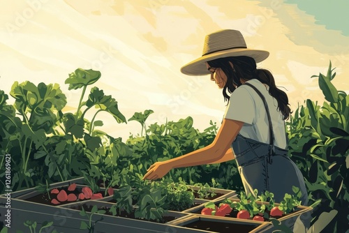 A young woman tending her vibrant vegetable garden at sunset, enjoying the fruits of her labor.