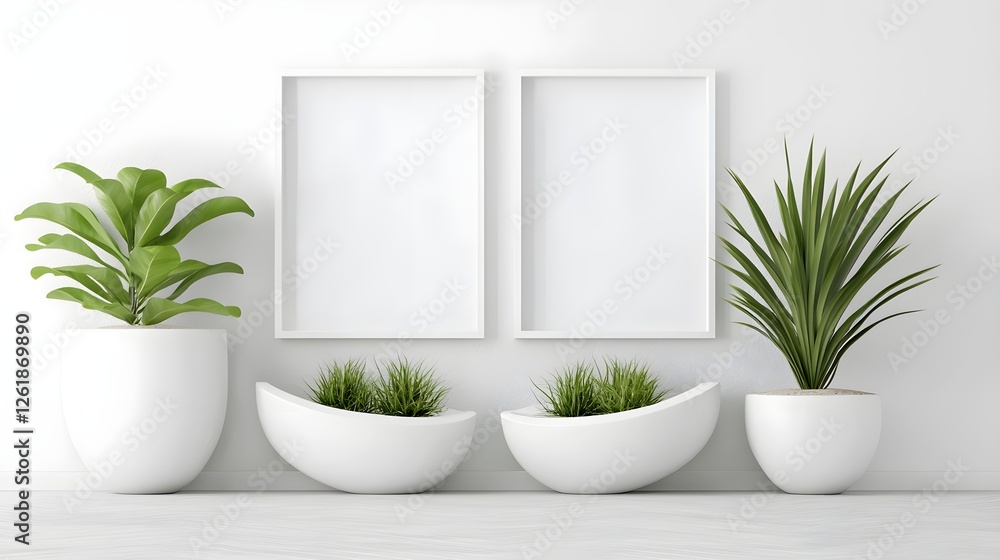 Modern Interior with Indoor Plants and Empty Frames on Wall Modern Interior with Indoor Plants and Empty Frames on Wall