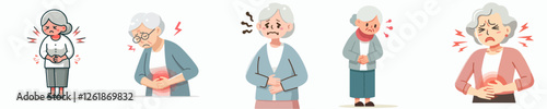 Vector illustration of a grandmother experiencing indigestion with a flat, simple, minimalist style on a plain white background.