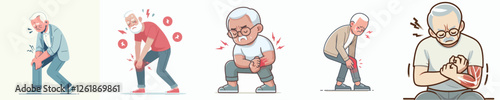 Vector illustration of a grandfather experiencing muscle cramps with a flat, simple, minimalist style on a plain white background.