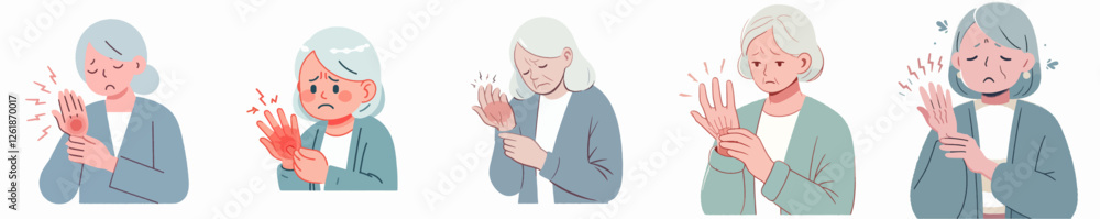 Vector illustration of a grandmother experiencing hand pain with a flat, simple, minimalist style on a plain white background. Vector illustration of a grandmother experiencing hand pain with a flat, simple, minimalist style on a plain white background.