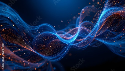 Abstract blue and orange light streaks with connecting dots, representing technology, data flow, digital network, and modern communication concepts.