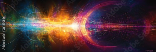 Explore a high-resolution 3D abstract art piece depicting a quantum vibration matrix, showcasing vibrant energy waves and intricate particle motion.
