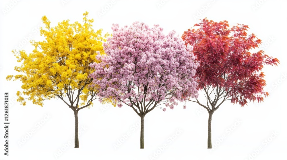 Obraz premium Blooming Cherry Blossom Mimosa and Maple Trees Against White Background