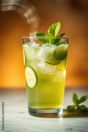 Refreshing cucumber and mint cooler with ice, ideal for hot summer days, served in a clear glass.