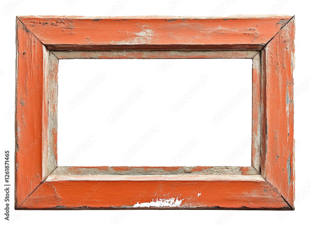 Fototapeta premium Weathered wooden frame with rustic orange paint on a white background, vintage home decor concept