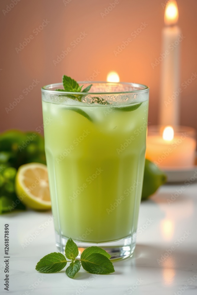 Refreshing green citrus cooler with fresh mint garnish and ice for a relaxing evening setting. Refreshing green citrus cooler with fresh mint garnish and ice for a relaxing evening setting.