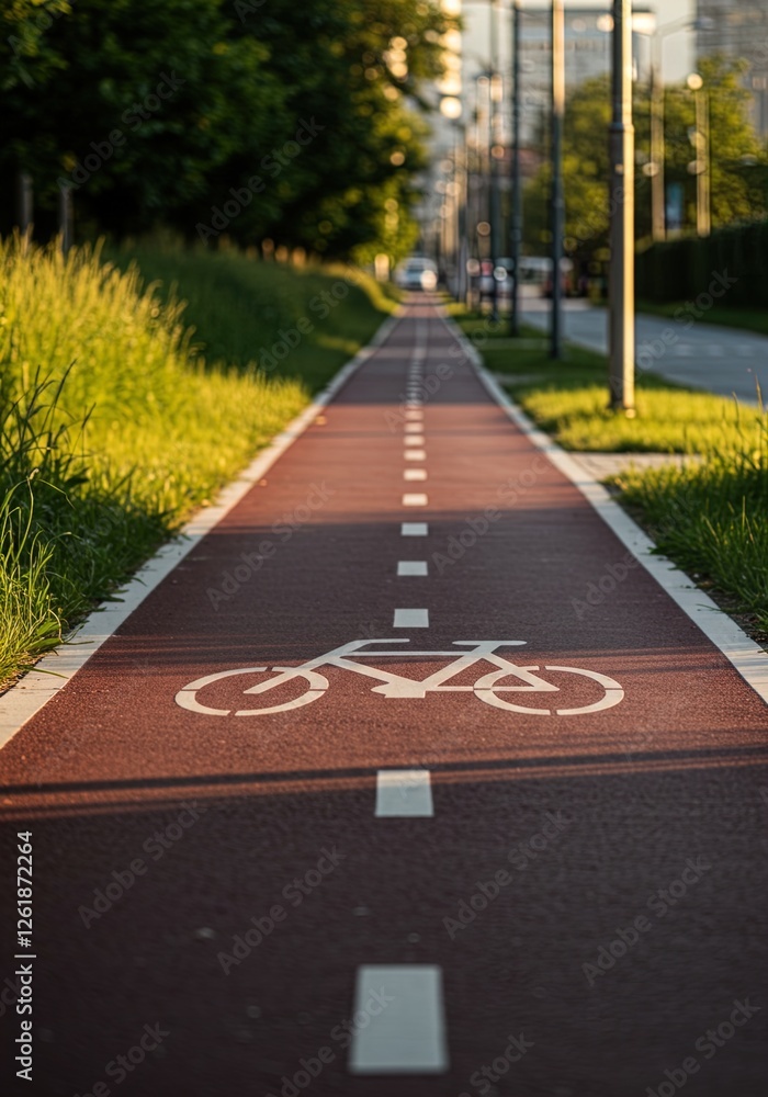 Obraz premium Empty Bike Path in Urban Park, Morning Commute Route