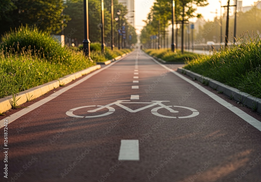 Obraz premium Empty Bike Path in Urban Park, Morning Commute Route