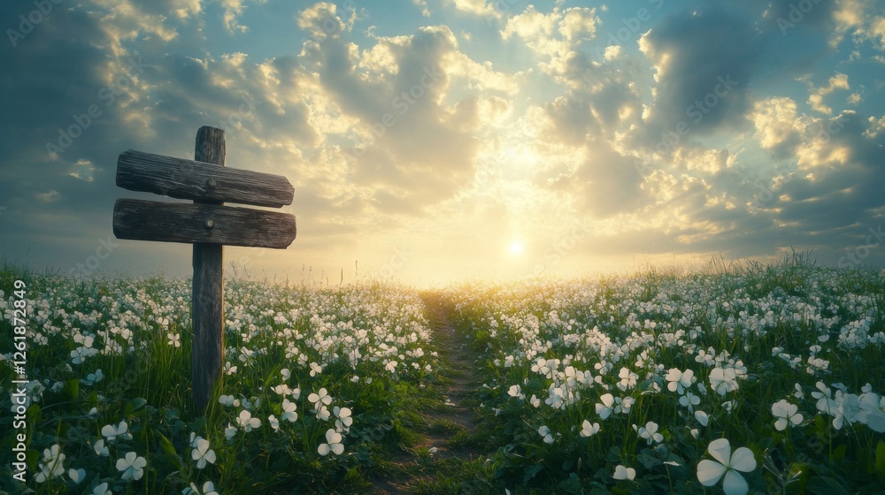 Wooden Signpost in a Field of White Flowers at Sunset Wooden Signpost in a Field of White Flowers at Sunset