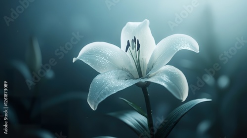 A pristine white lily showcases its elegance against a dark backdrop