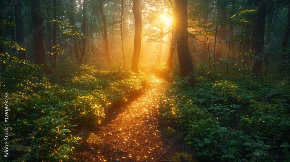 Obraz premium Sunbeams Through Misty Forest