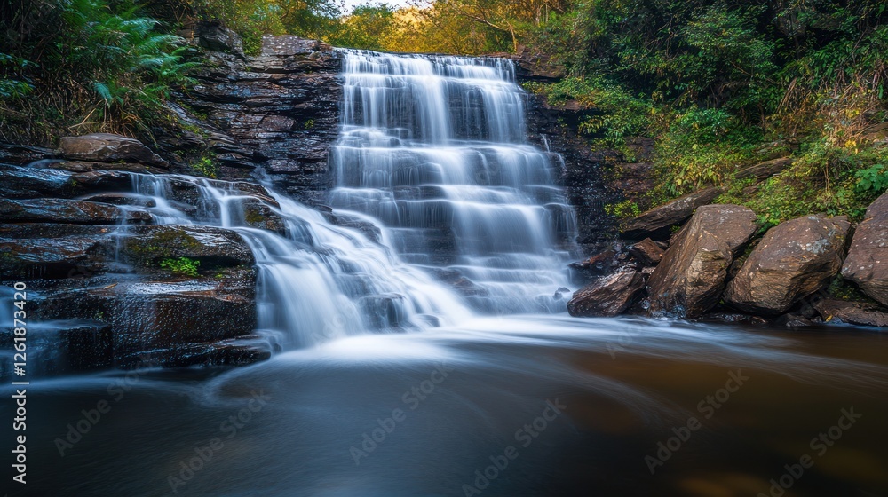Obraz premium Waterfall cascading down rocks in lush forest. Nature scene for travel brochures