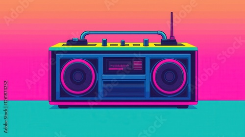 A vibrant, retro-style boombox with bold colors, blending nostalgia with modern aesthetics against a colorful gradient background.