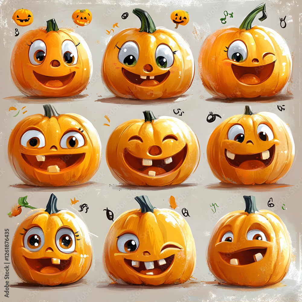 Obraz premium Adorable Halloween Pumpkins Cartoon Illustration Spooky Cute Funny Jackolantern Autumn Holiday Characters Festive October