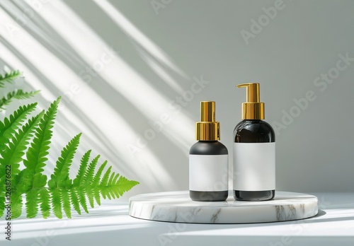 Minimalist Beauty Product Display:  A sleek, minimalist scene showcasing two black bottles with gold accents, set on a round marble platform, accompanied by a lush fern frond.