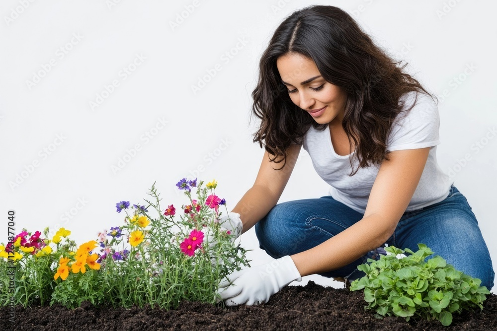 A woman plants colorful flowers in soil, enjoying gardening. A woman plants colorful flowers in soil, enjoying gardening.