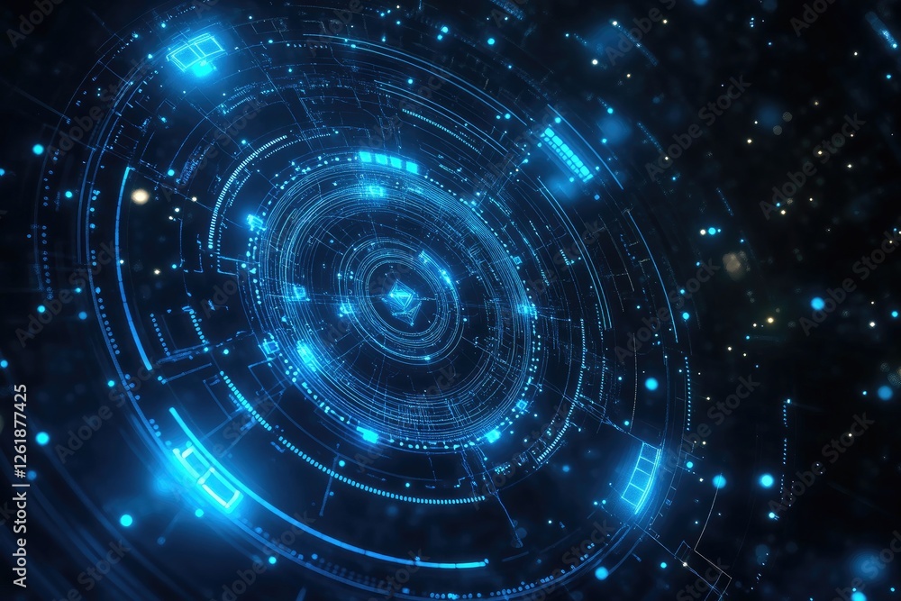 Abstract futuristic digital interface, glowing blue, circular pattern, network background Abstract futuristic digital interface, glowing blue, circular pattern, network background