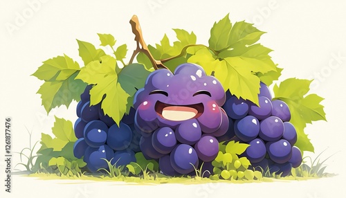 Smiling grape bunch with leaves on ground, white background for use