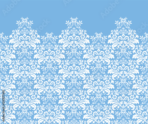 Wallpaper in the style of Baroque. White and blue floral ornament. Modern vector background. Graphic pattern for fabric, wallpaper, packaging. Ornate Damask flower illustration