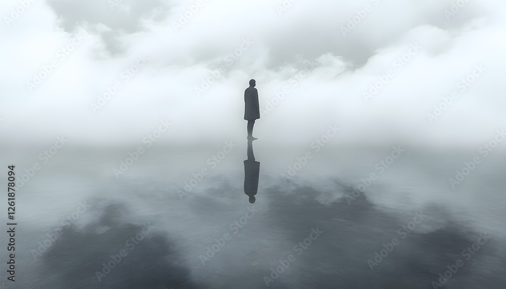 Solitary figure in ethereal landscape reflection on misty horizon Solitary figure in ethereal landscape reflection on misty horizon