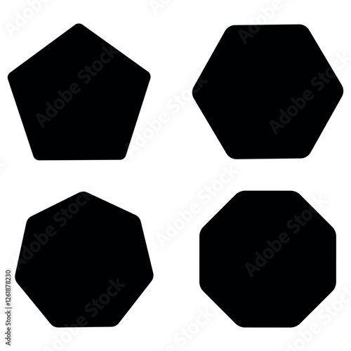 Pentagon hexagon heptagon octagon shapes symbol icon vector, pentagon hexagon heptagon octagon shapes silhouette vector, rounded edge pentagon hexagon heptagon octagon isolated on white background.
